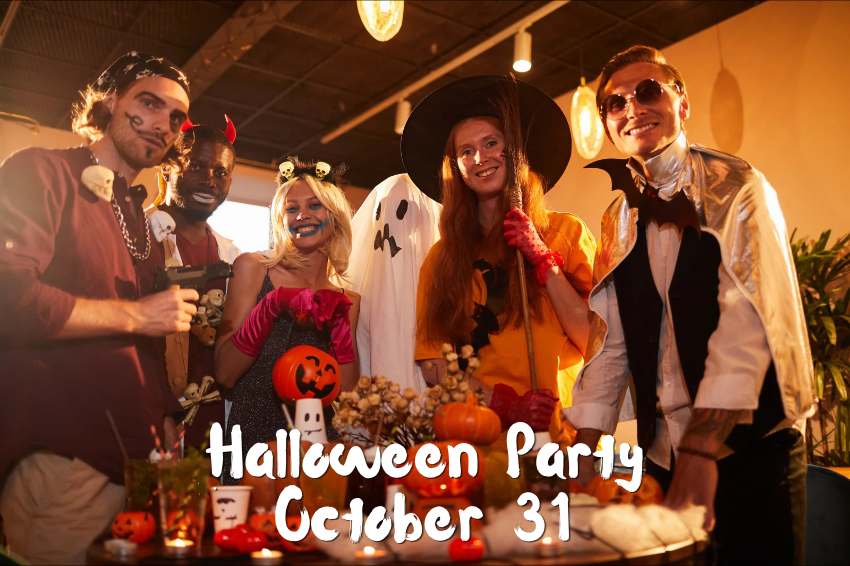 Adults in costume at a halloween party